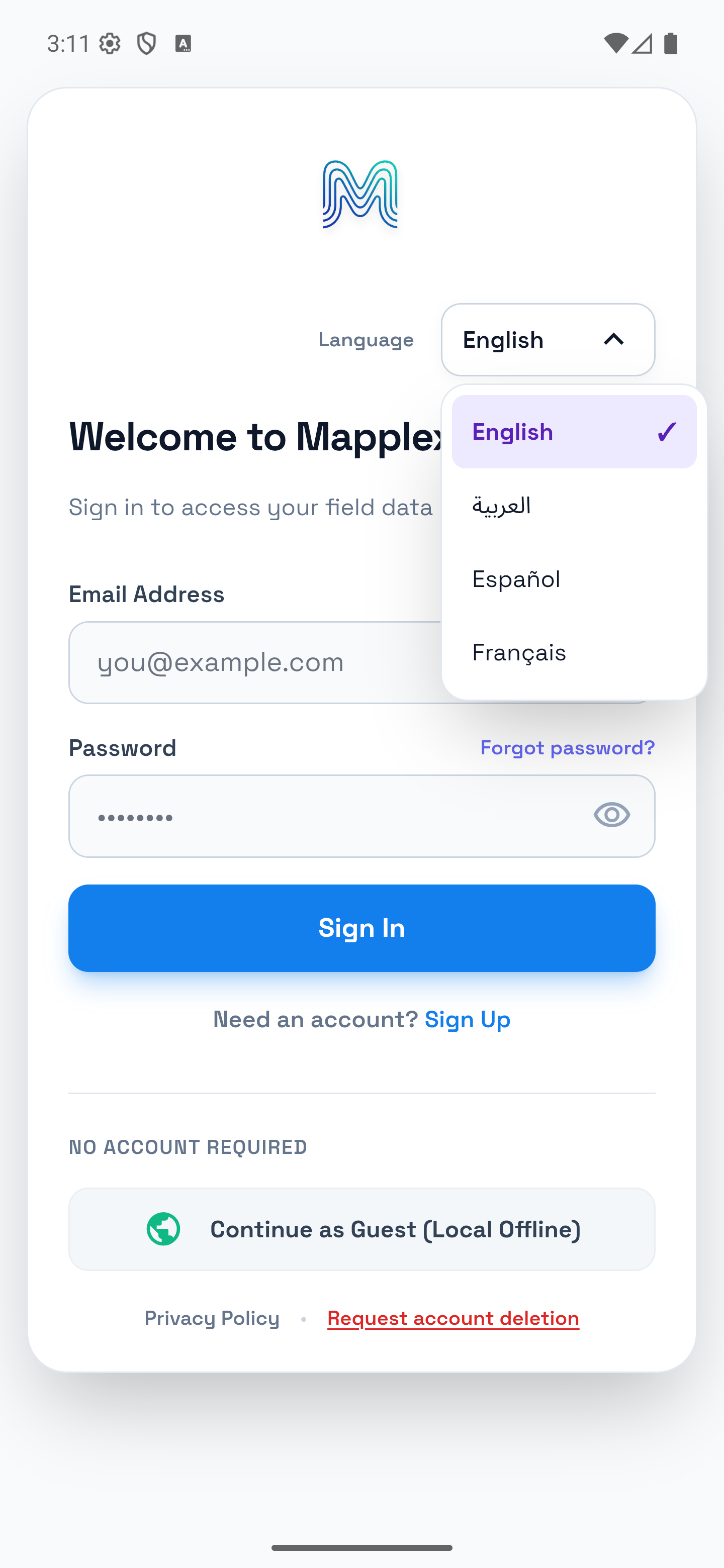 Sign-in language picker with English selected.