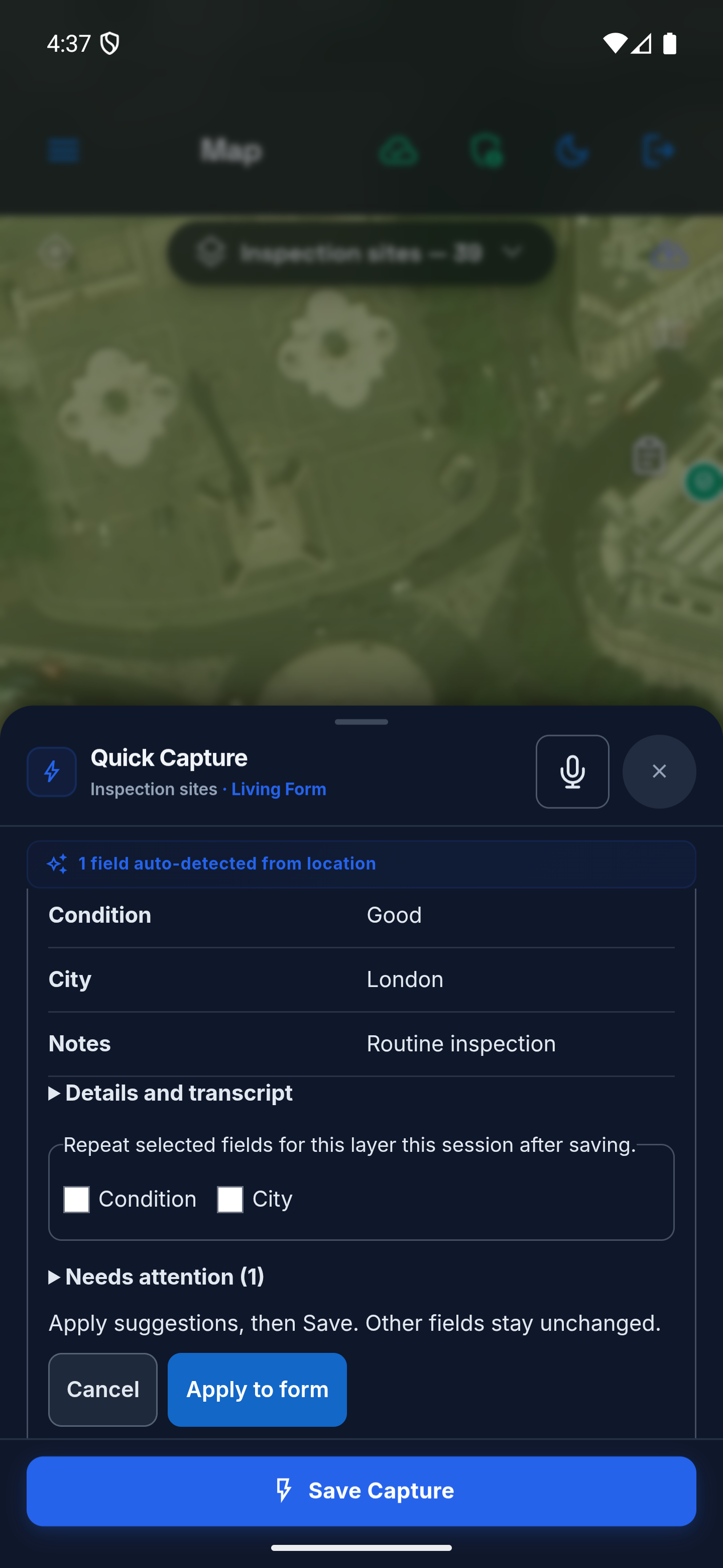 Three proposed field values, Needs attention, repeat selectors and Apply to form above Save Capture.