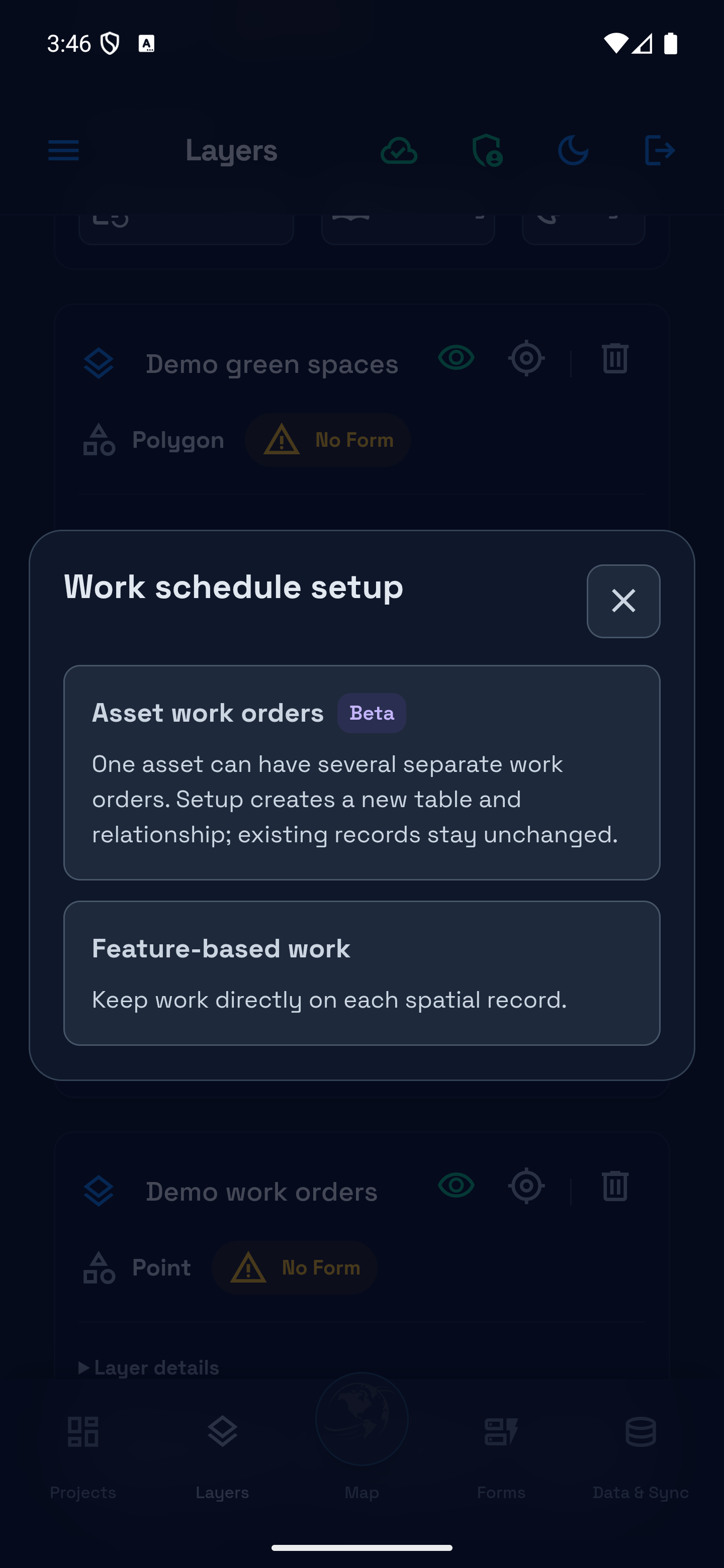 Work schedule setup offering Asset work orders and Feature-based work.