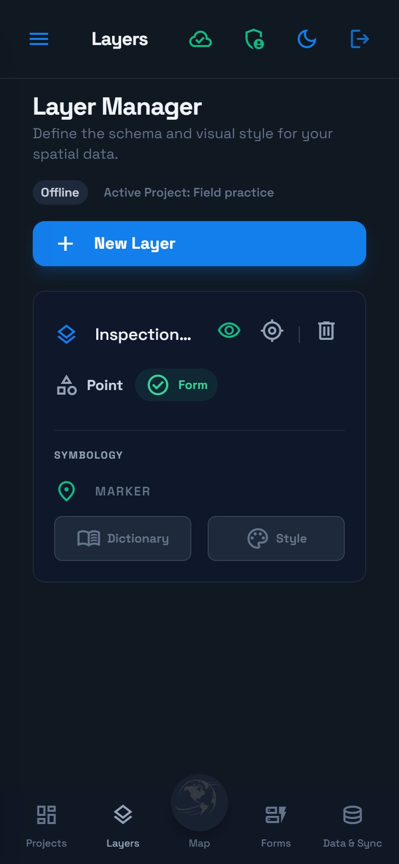 Current phone Layers screen showing the Inspection sites Point layer in the Field practice project.