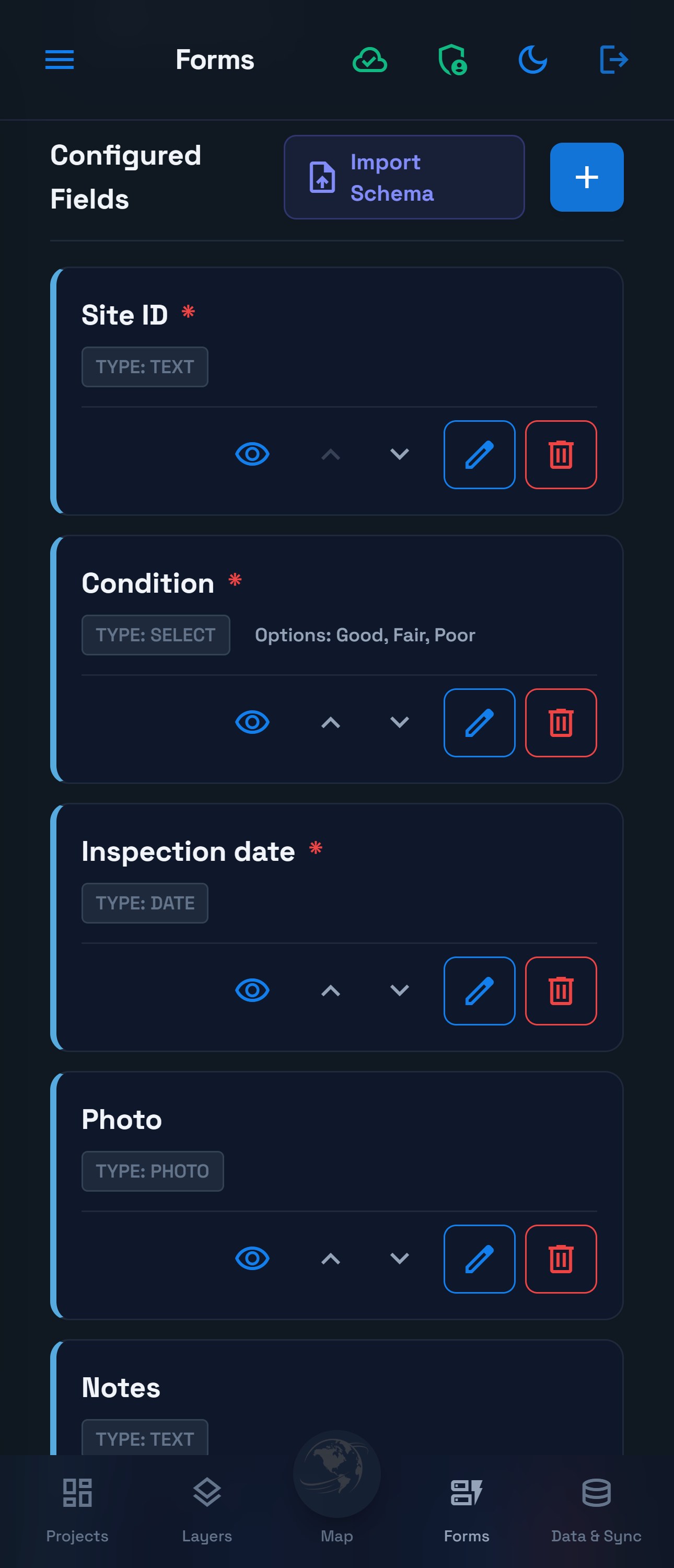 Current phone Form Builder showing the Site ID, Condition, Inspection date, Photo and Notes fields.