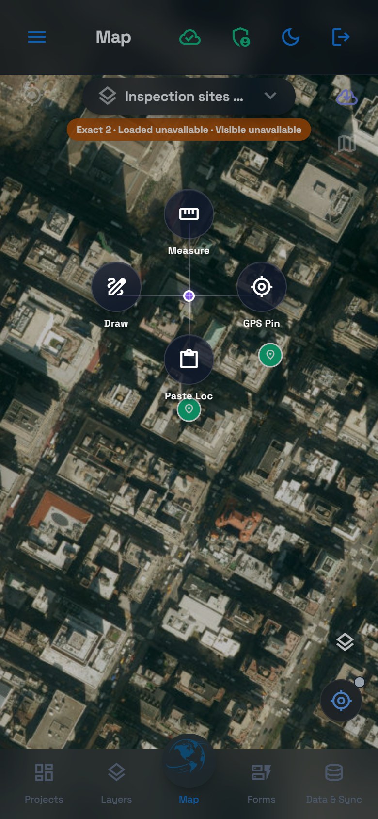 Phone contextual drawing menu over New York satellite imagery with Inspection sites selected.