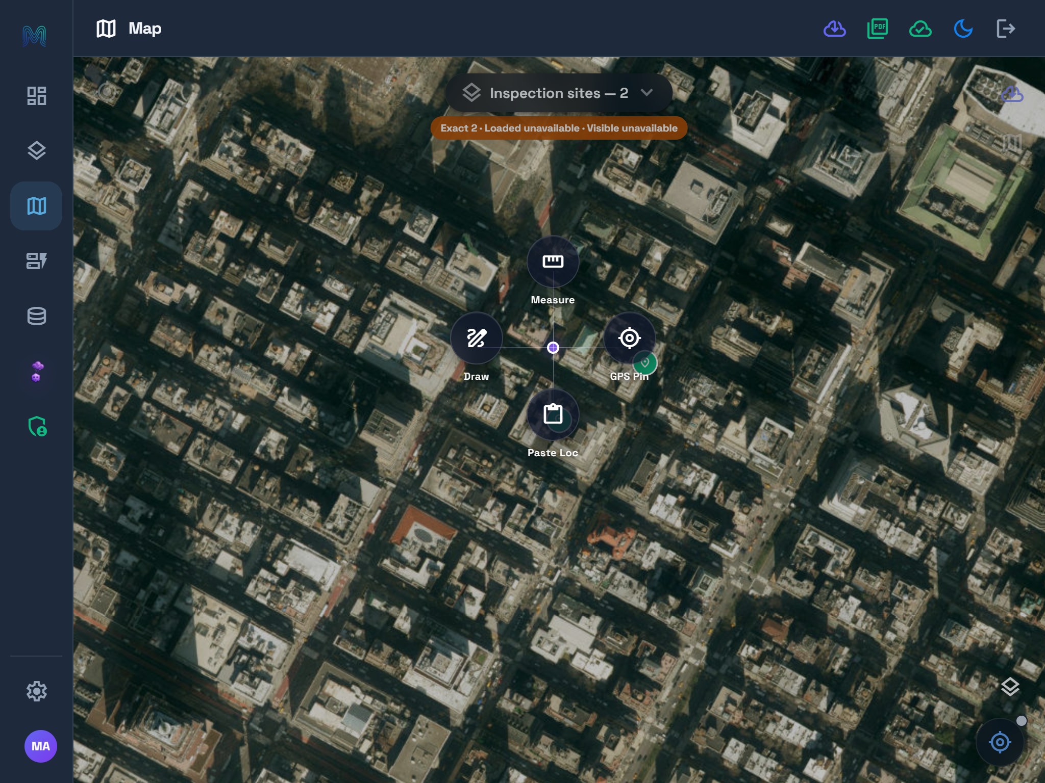 Tablet contextual drawing menu over New York satellite imagery with Inspection sites selected.