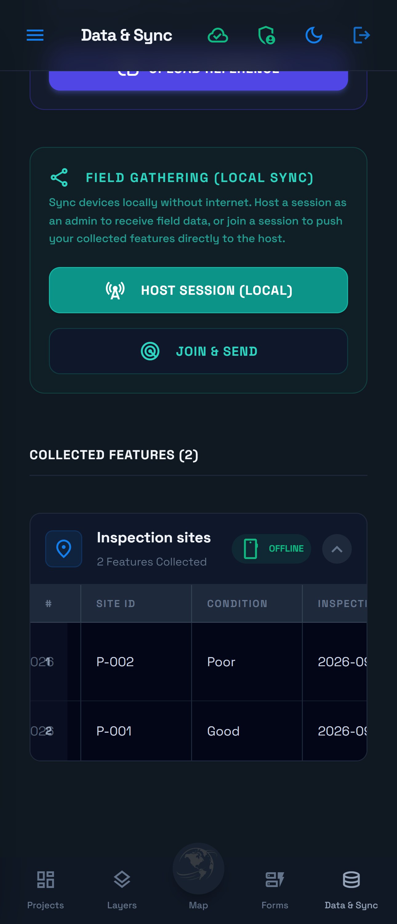 Phone Data and Sync table for Field practice with P-001 and P-002 inspection records.