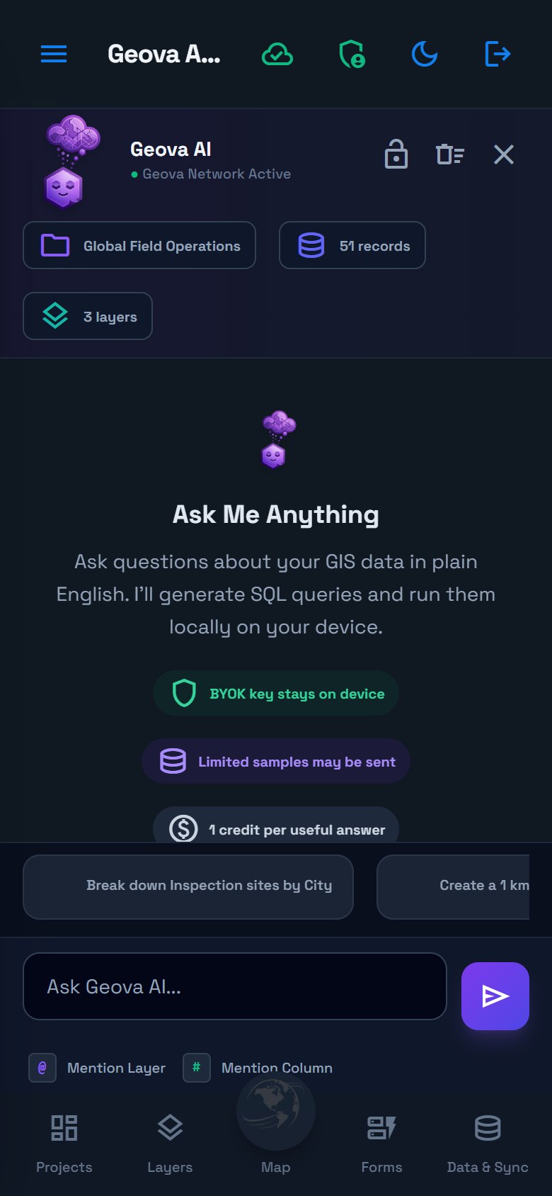 Geova AI welcome screen on a phone in night mode, showing Global Field Operations, 51 records and three layers.