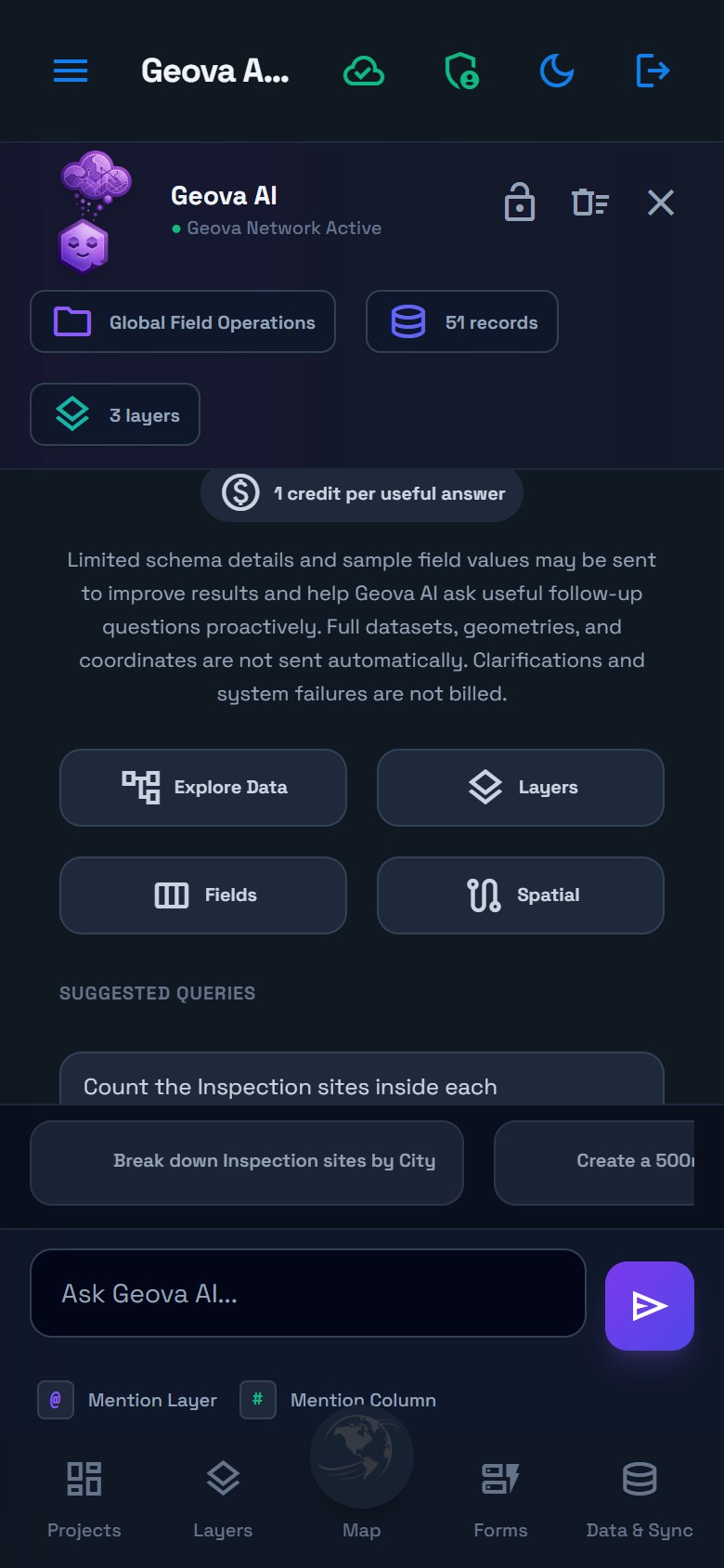 The scrolled Geova AI welcome screen showing Explore Data, Layers, Fields and Spatial.