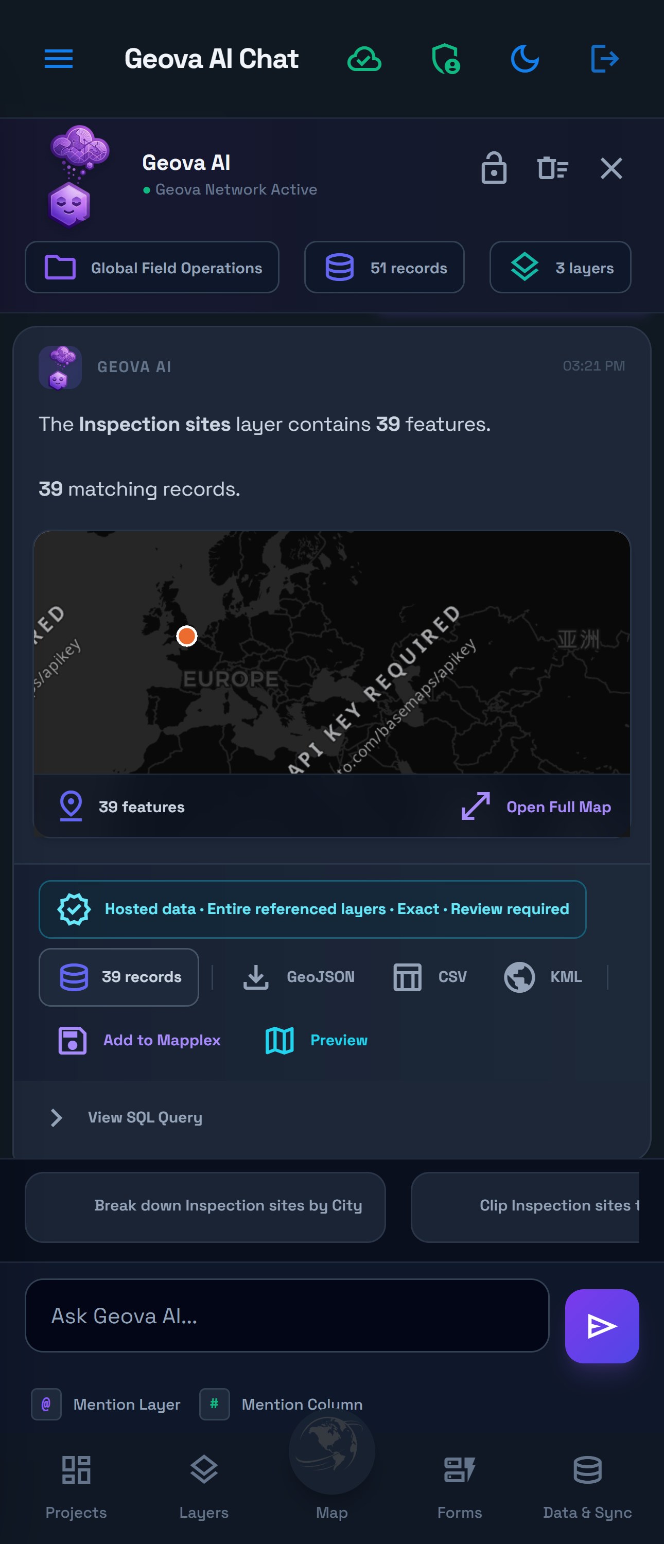 Geova AI phone response stating that Inspection sites contains 39 features with a whole-layer scope badge.