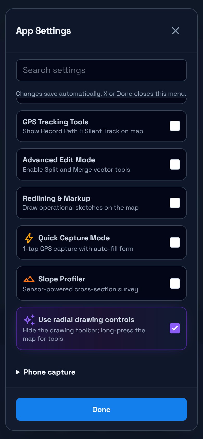 Phone Field tools settings showing the Quick Capture Mode checkbox switched off.