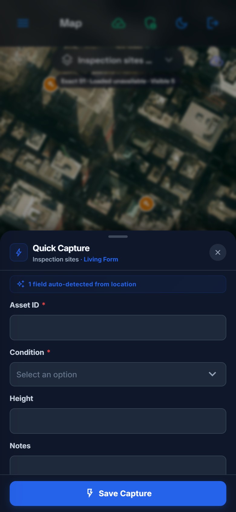 The real demo Quick Capture form with typed fields and no Fill by voice panel.