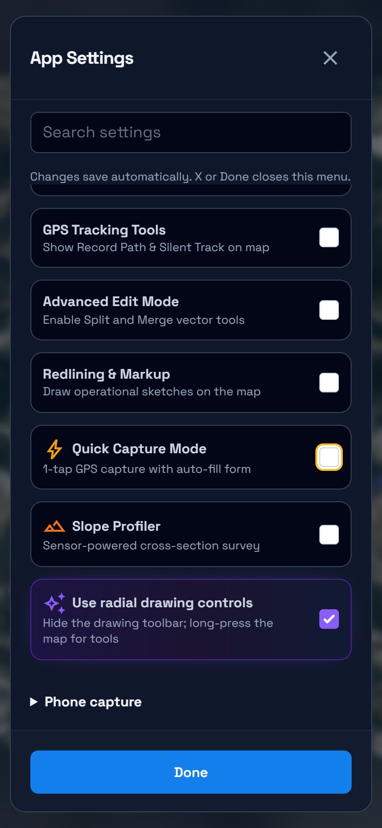 Night-mode Field tools settings with Quick Capture Mode unchecked and Use radial drawing controls enabled.