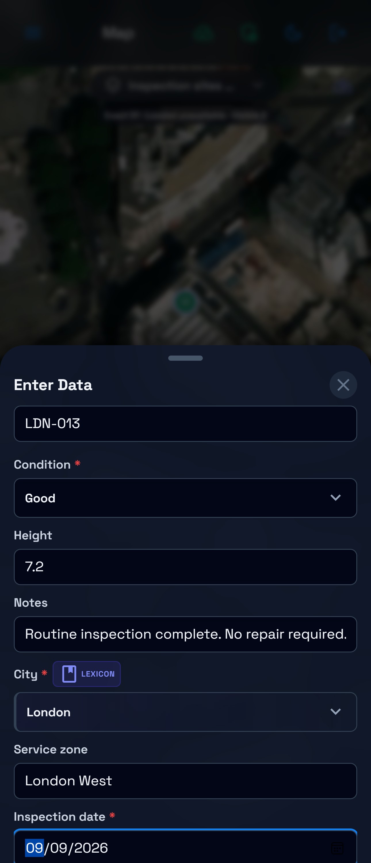 Regular Enter Data form with LDN-013, Good condition, height 7.2, the inspection note and London selected.