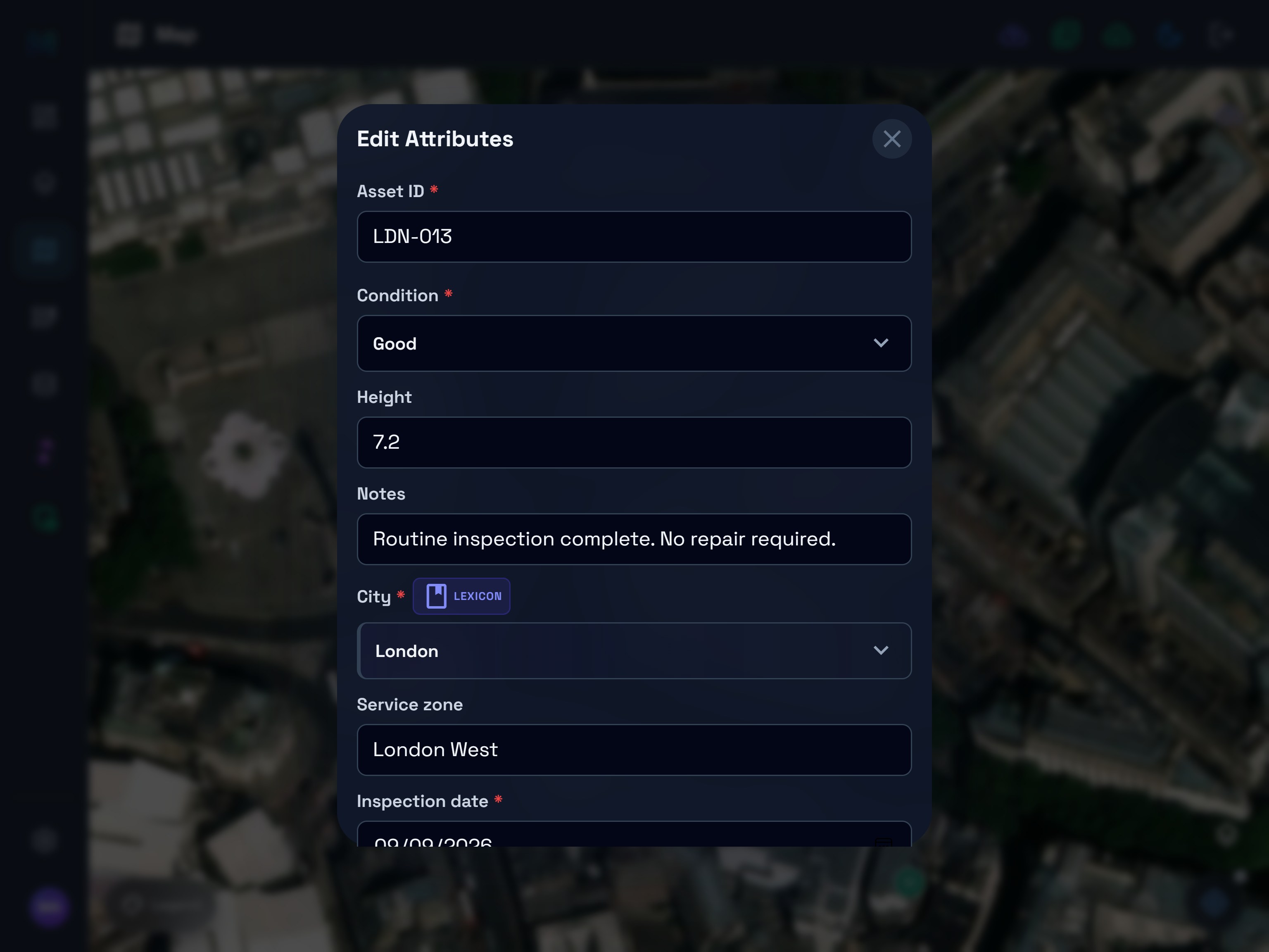 Actual tablet-mode Edit Attributes panel showing saved LDN-013 values over London satellite imagery.