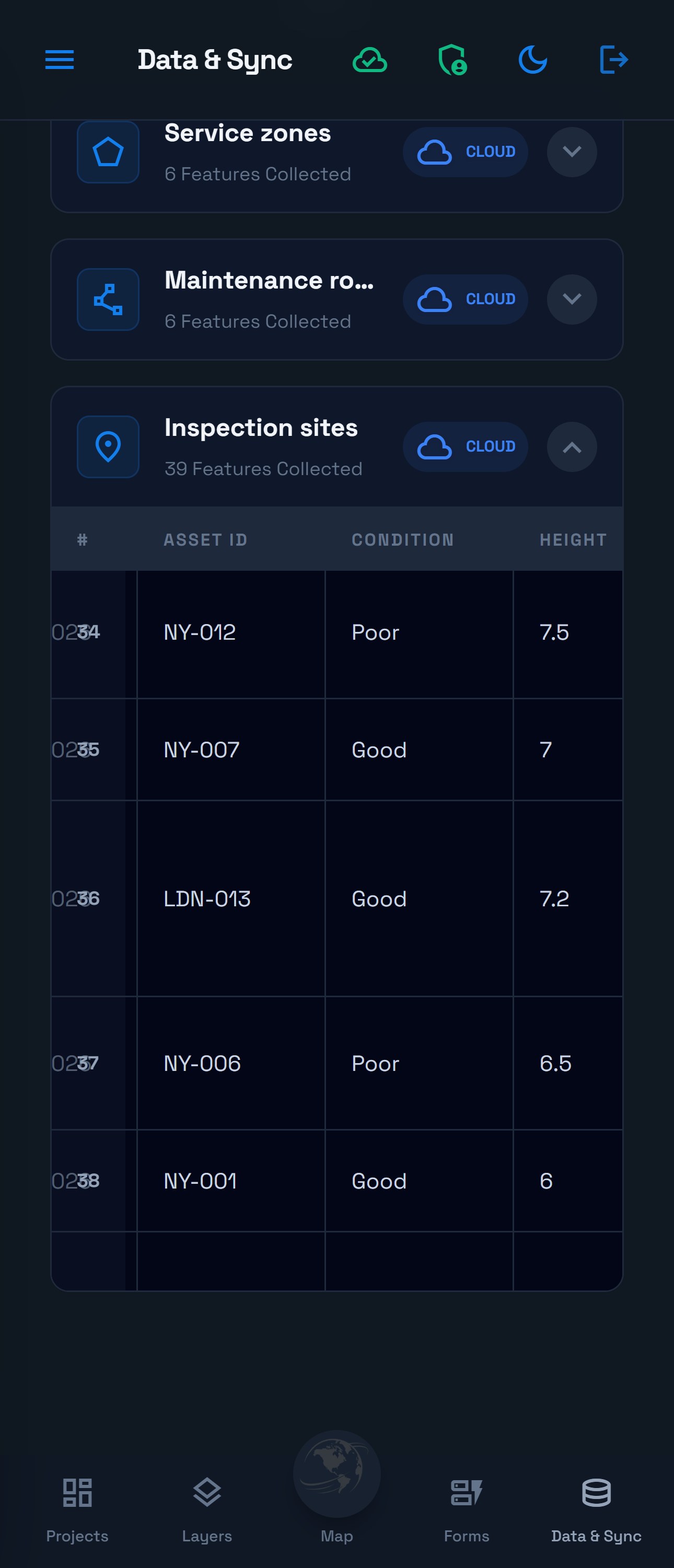 Inspection sites table showing the saved LDN-013 record and a layer count of 39.