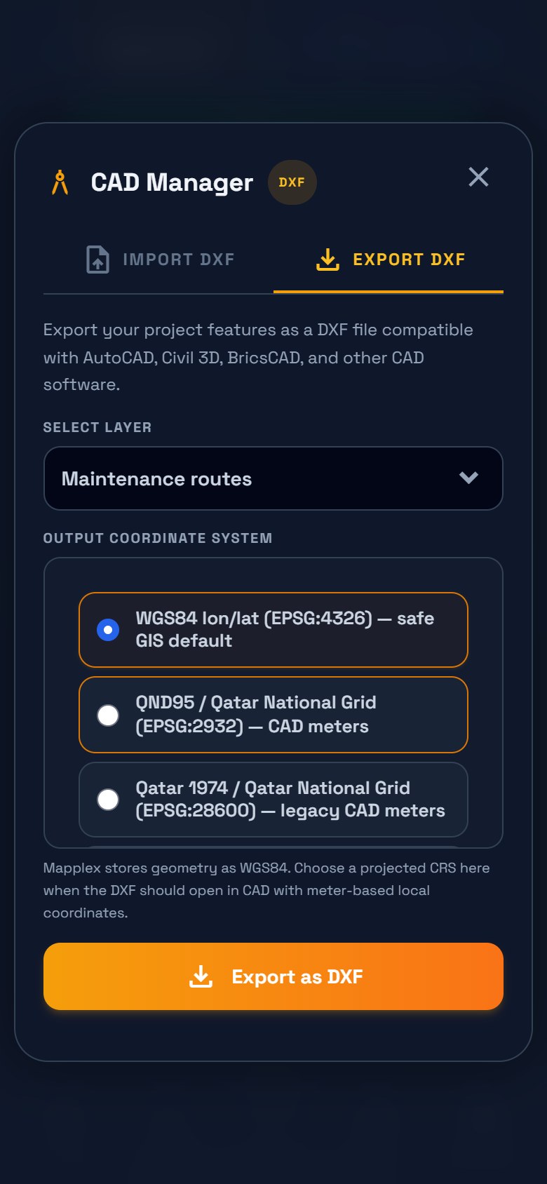 CAD Manager Export DXF tab with Maintenance routes selected and WGS84 longitude/latitude as the output coordinate system.
