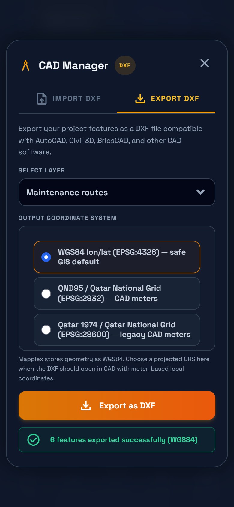 CAD Manager reporting six features exported successfully in WGS84.