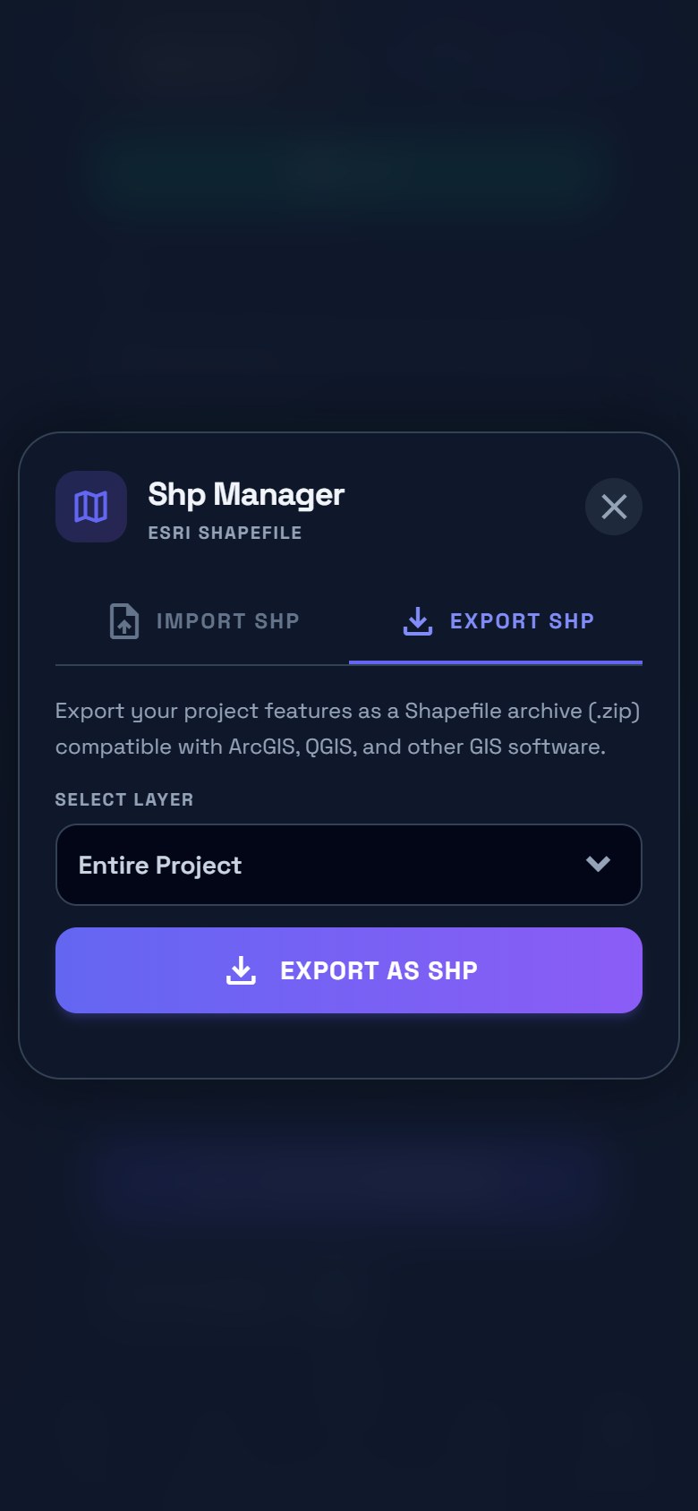Shp Manager Export SHP tab with Entire Project selected.