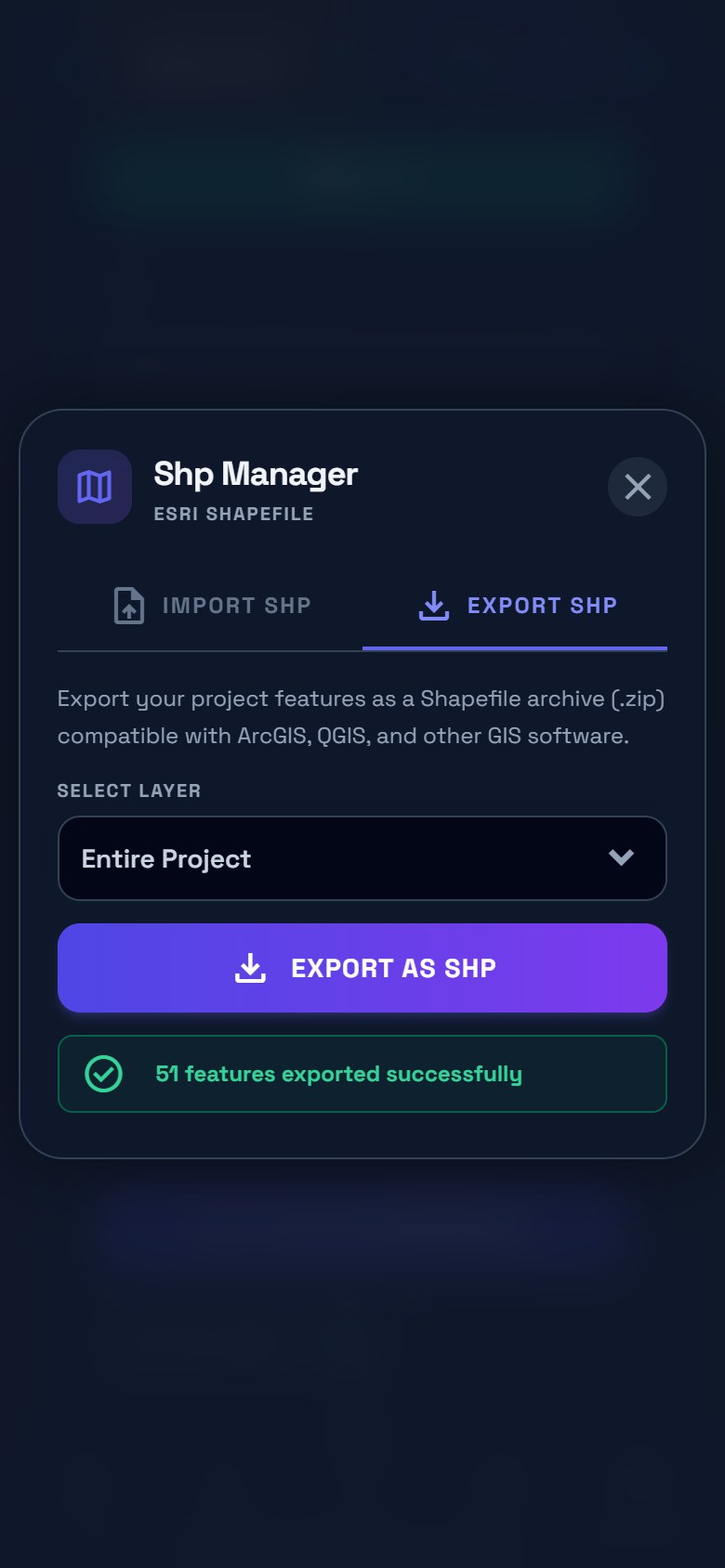 Shp Manager reporting 51 features exported successfully.