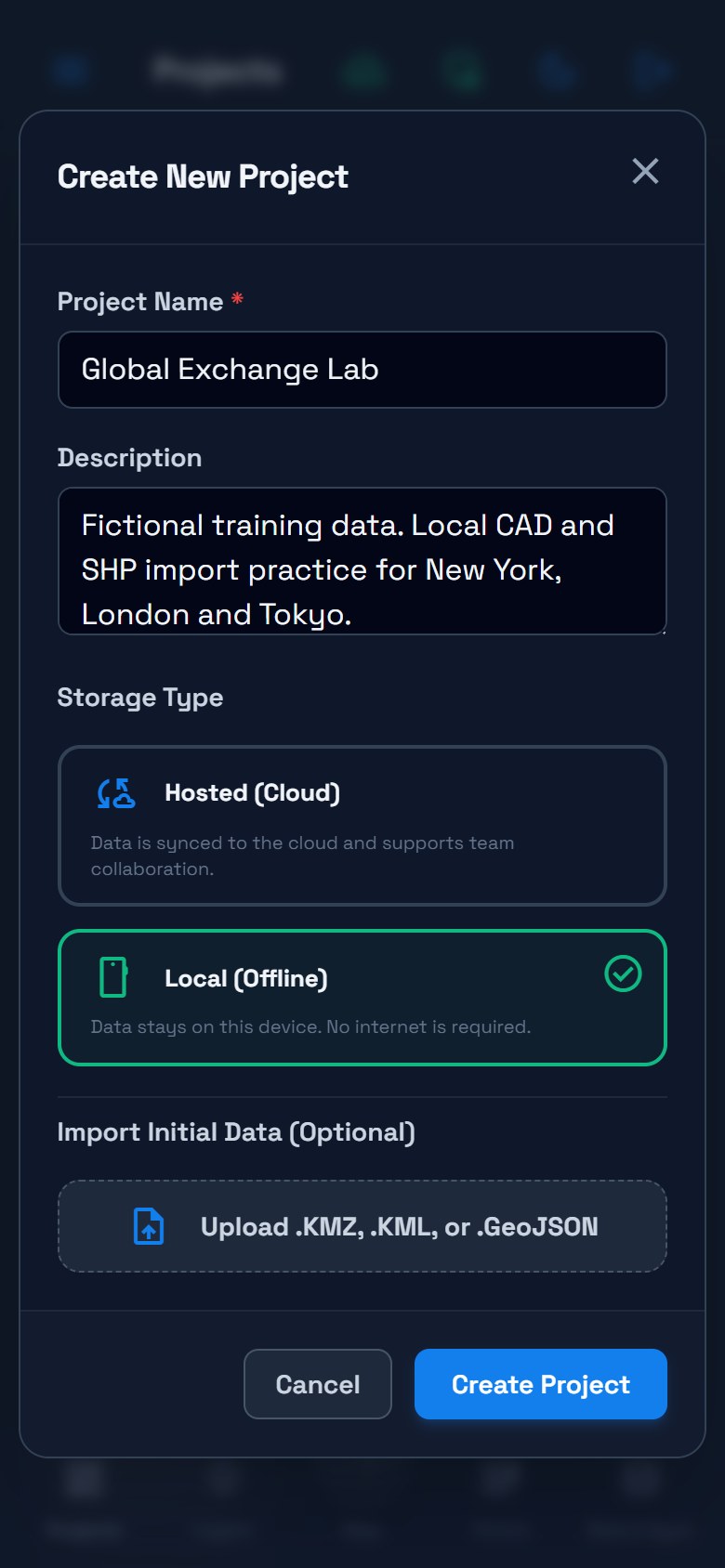 Create New Project dialog for Global Exchange Lab with Local Offline storage selected.