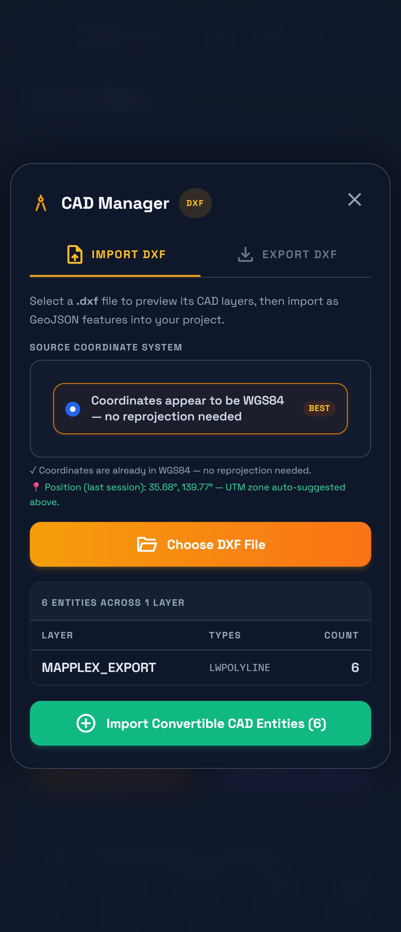 CAD import preview identifying WGS84 coordinates and six LWPOLYLINE entities in MAPPLEX_EXPORT.