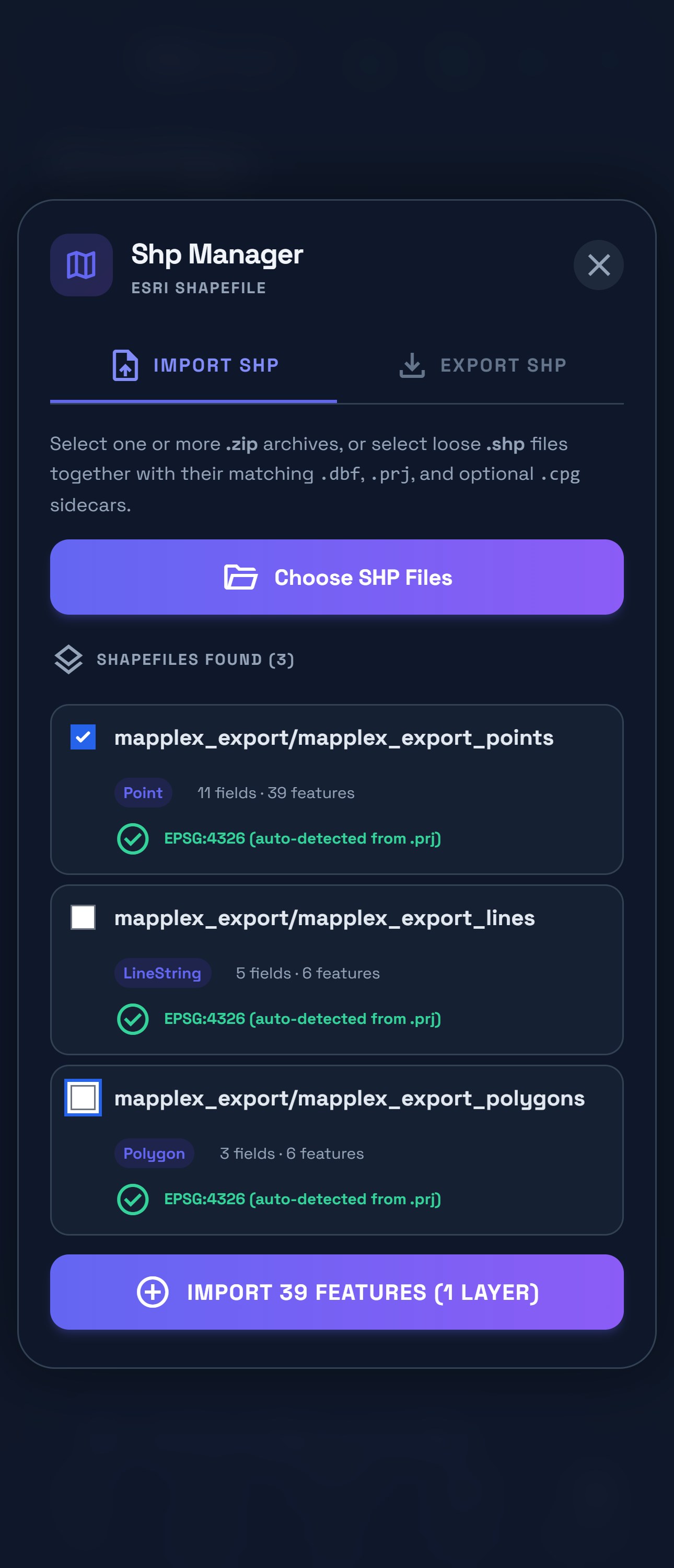 Shp Manager preview with only the 39-feature points dataset checked; lines and polygons are unchecked.