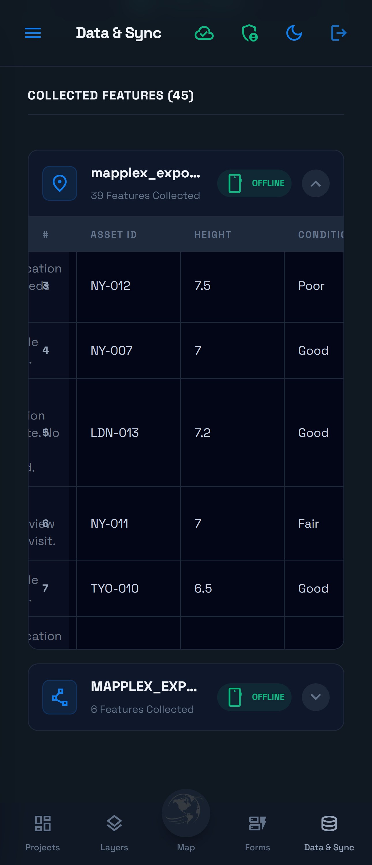 Local imported-points table showing LDN-013 with height 7.2, above the separate imported CAD route layer.