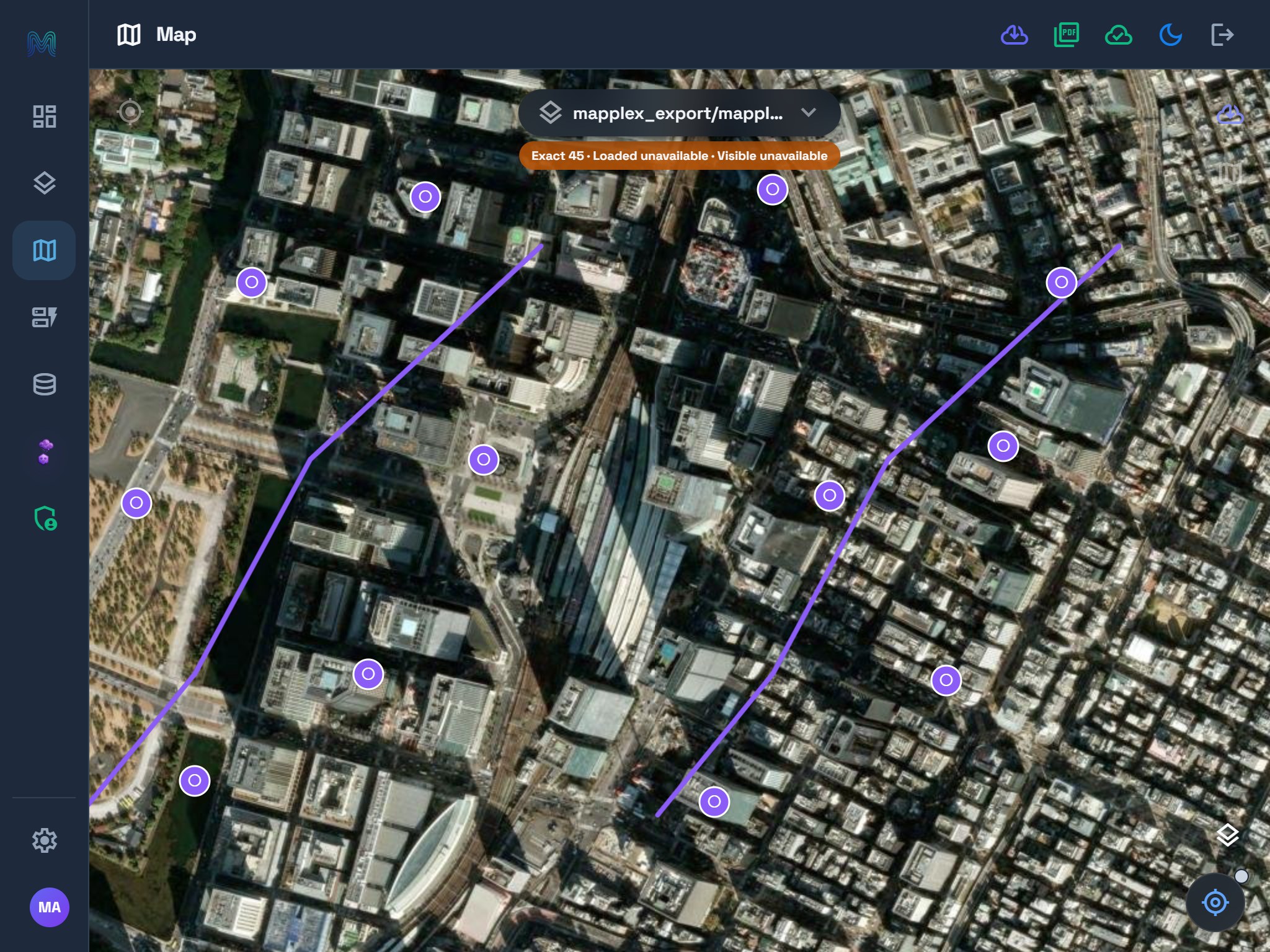 Actual tablet-mode Tokyo satellite map with imported inspection points and CAD routes, navigation rail and a total of 45 local features.