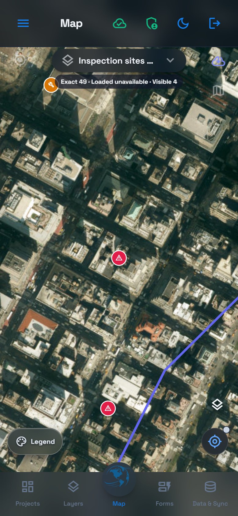 Phone Mapplex map in dark mode with satellite imagery, inspection symbols and a maintenance route in New York.