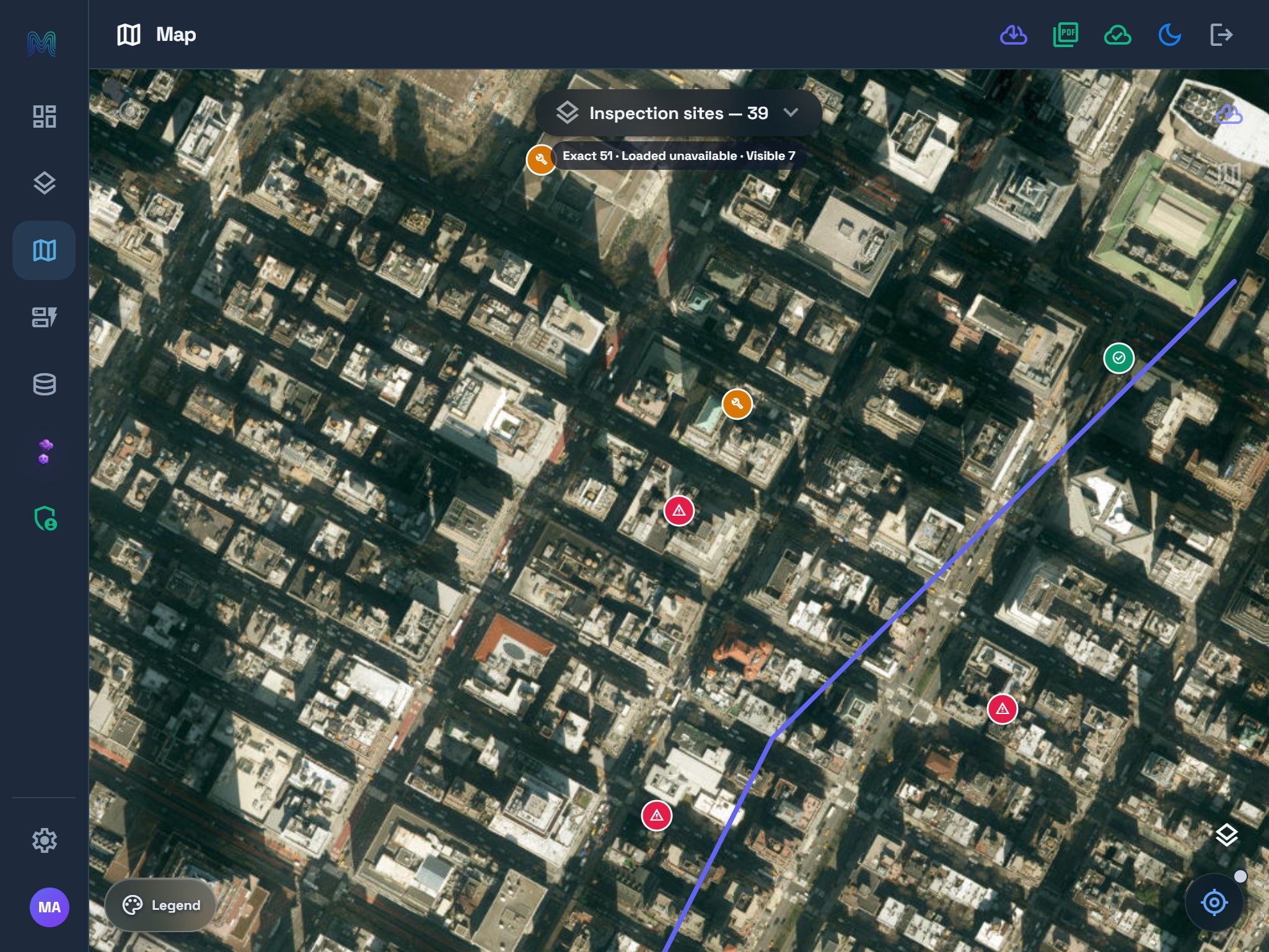 Tablet Mapplex satellite map in dark mode with the same New York inspection data.