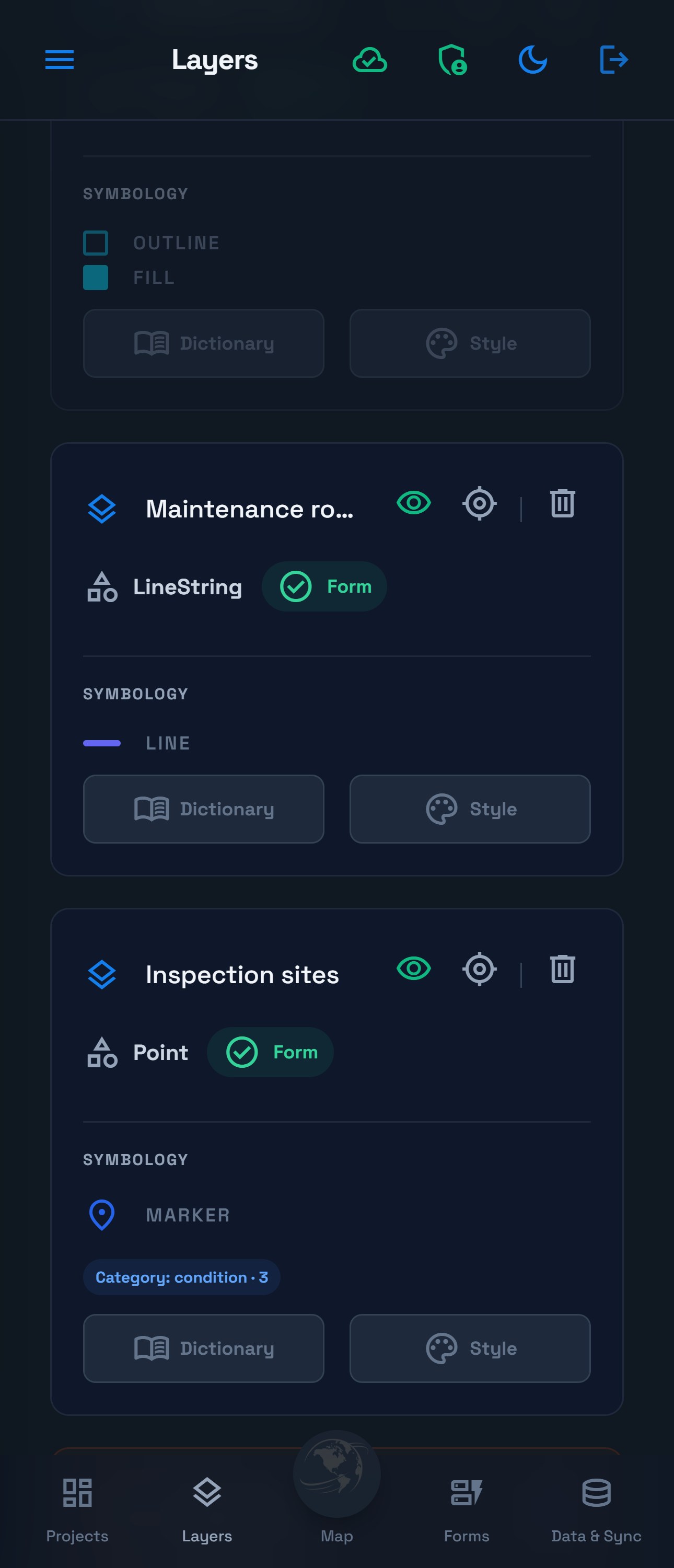 Night-mode Layer Manager focused on the Inspection sites Point layer and its form, dictionary and style controls.