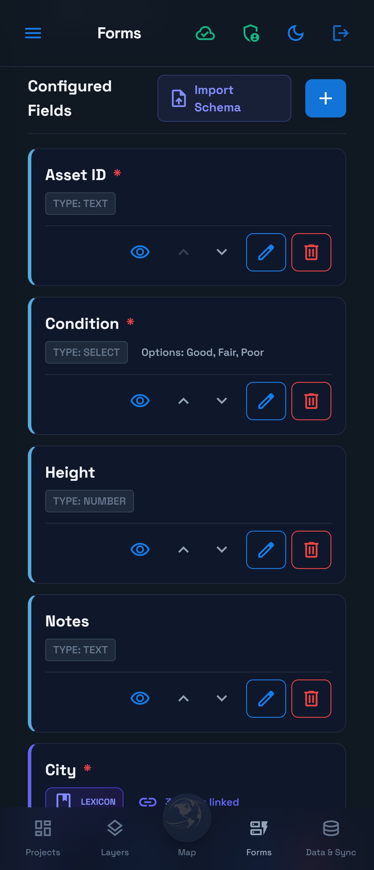 Phone Form Builder in night mode showing the configured inspection fields and their edit, visibility and reorder controls.
