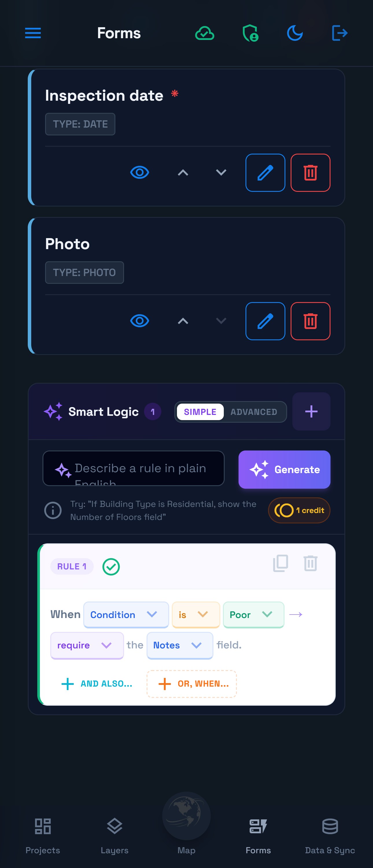 Smart Logic panel displaying the rule When Condition is Poor, require the Notes field.