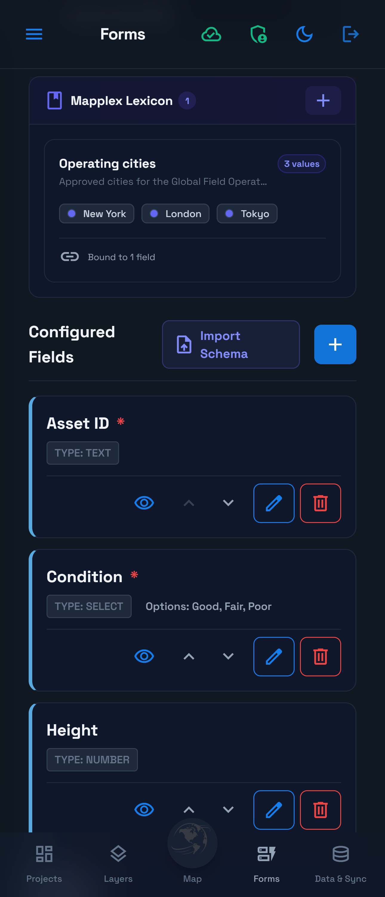 Saved Operating cities Lexicon in the night-mode Form Builder, listing New York, London and Tokyo and its field binding.