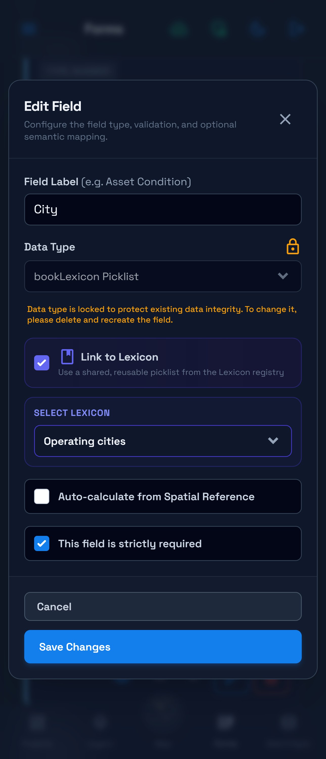 City field editor with Link to Lexicon enabled and Operating cities selected.