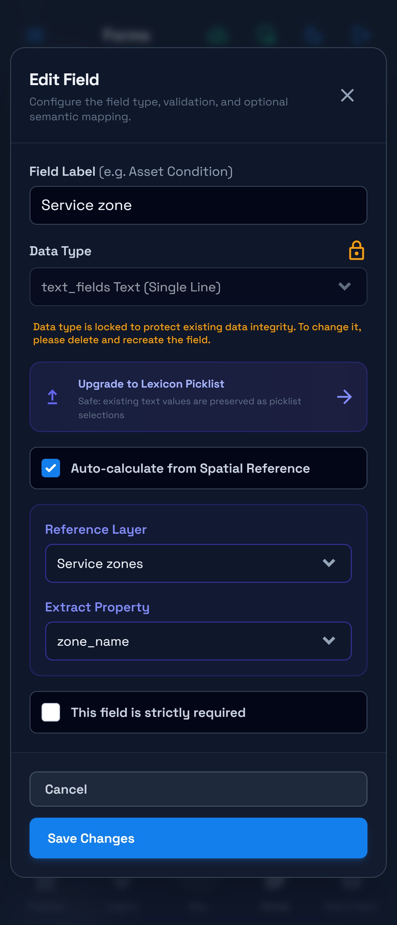 Service zone field editor with spatial reference enabled, Service zones selected and zone_name as the extracted property.