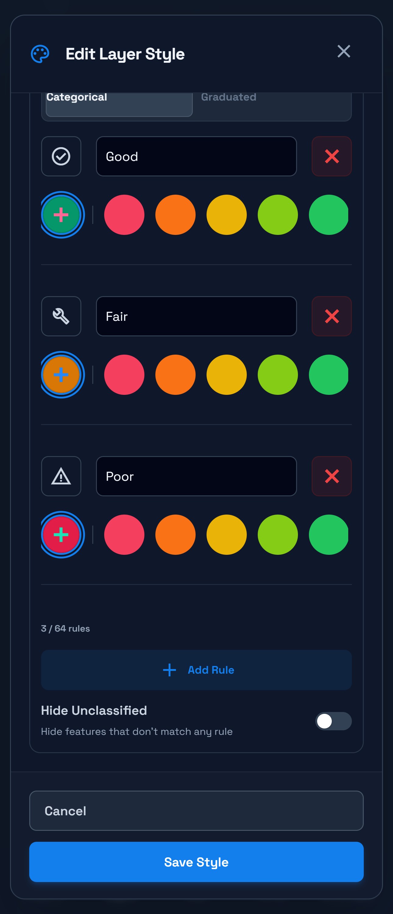 Phone layer-style editor in dark mode showing condition classification and its category settings.