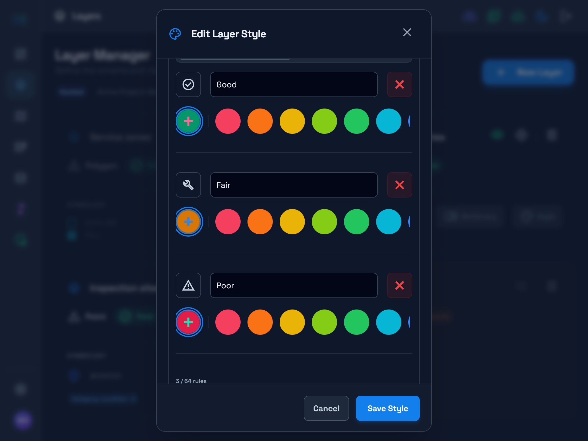 Tablet layer-style editor showing the Good, Fair and Poor categories with their color choices.