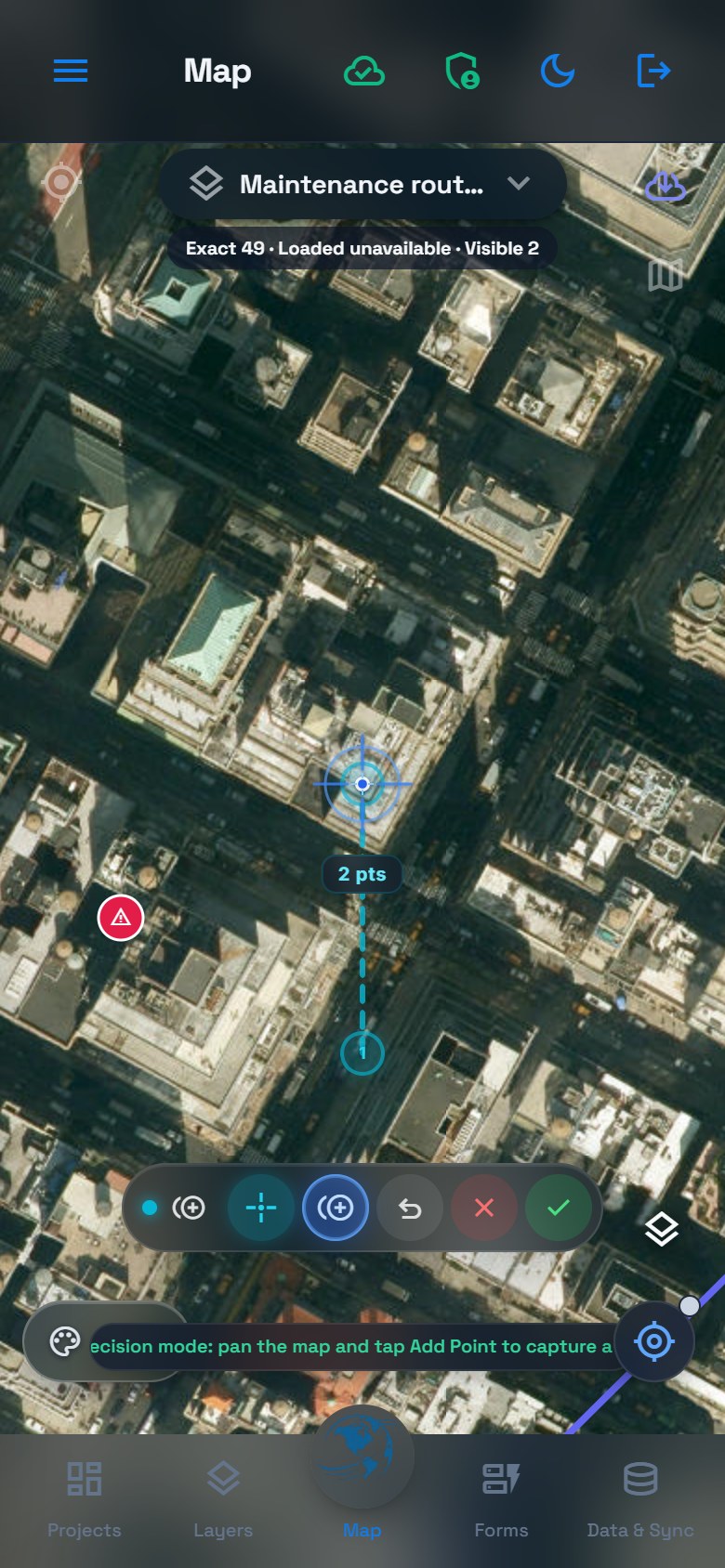 Phone satellite map in Precision mode with a two-point route draft, center crosshair and drawing action bar.