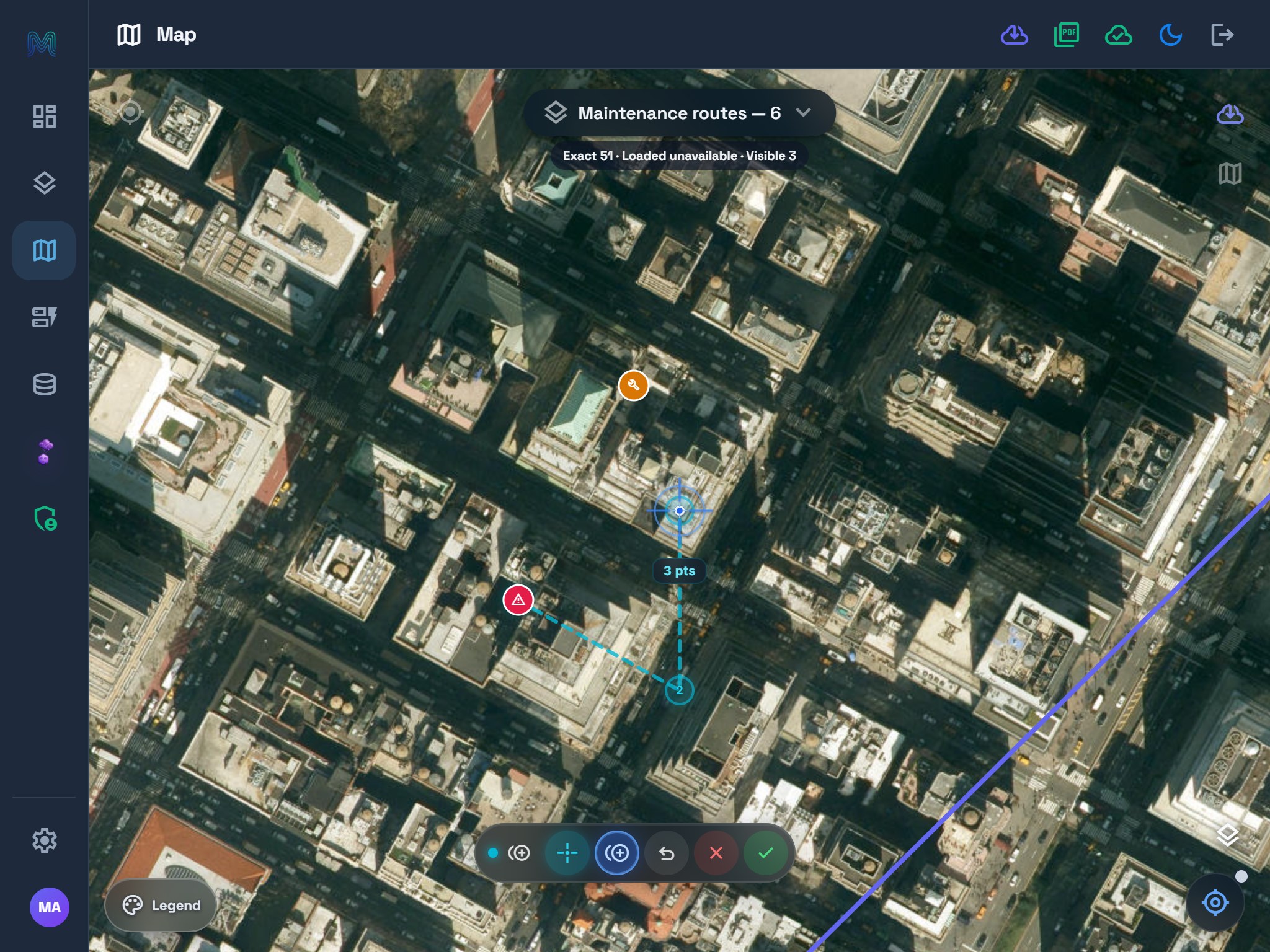 Tablet satellite map showing the same two-vertex Precision route draft and drawing controls.