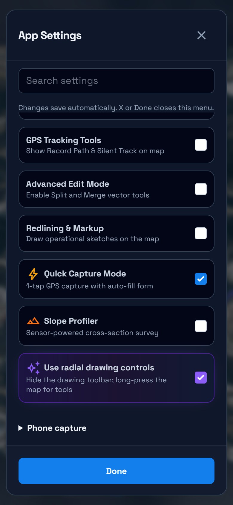 Night-mode Field tools settings with Quick Capture Mode and Use radial drawing controls enabled.
