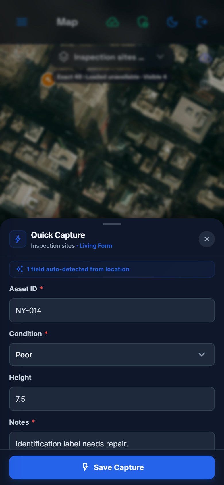 Night-mode Quick Capture form over satellite imagery, with NY-014, Poor condition, height 7.5 and the required repair note.