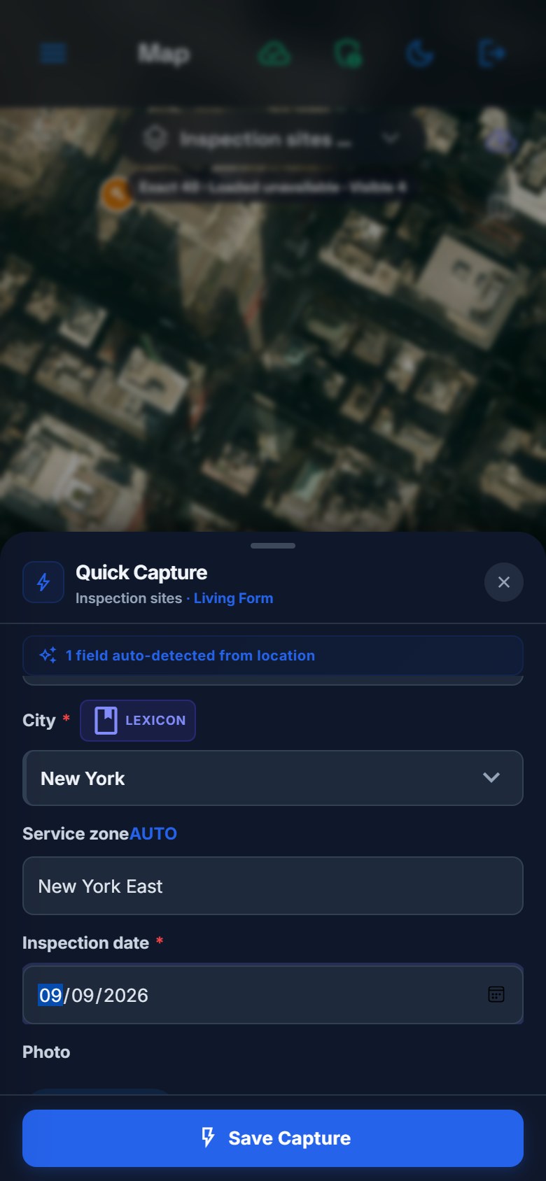 Lower portion of the night-mode Quick Capture form showing the City Lexicon, New York East service zone and inspection date.