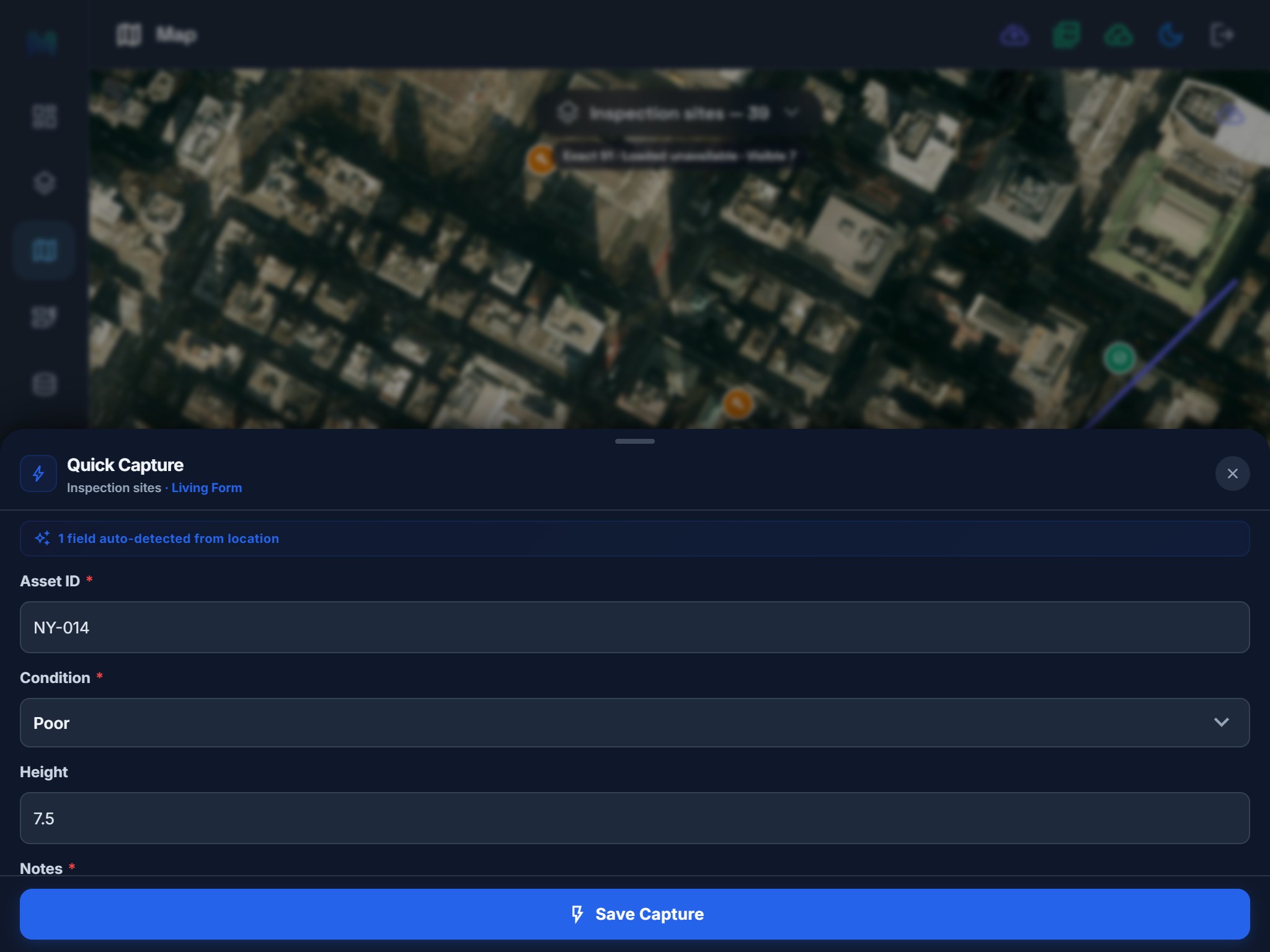 Tablet Quick Capture draft in night mode over the same New York satellite map.