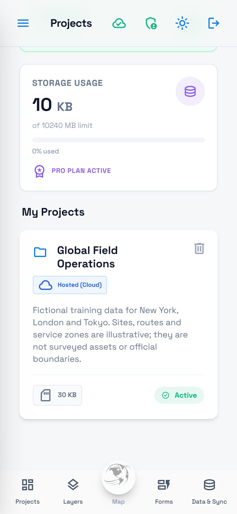 Phone Projects screen showing the active hosted Global Field Operations project and its fictional training-data description.