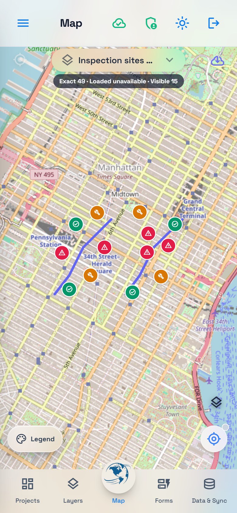 Phone map centered on New York with sample inspection sites, maintenance routes and service zones.
