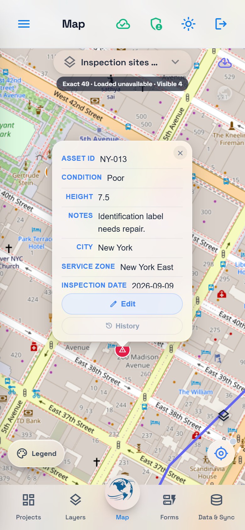 Phone map with the saved NY-013 inspection details, including Poor condition, height 7.5 and New York East service zone.