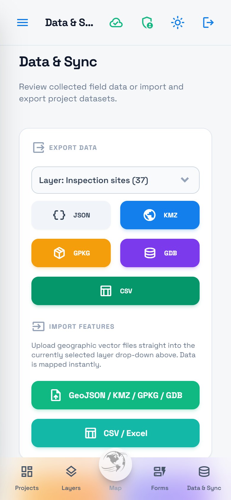 Phone Data and Sync export panel with Inspection sites selected and a count of 37, showing JSON and other export choices.