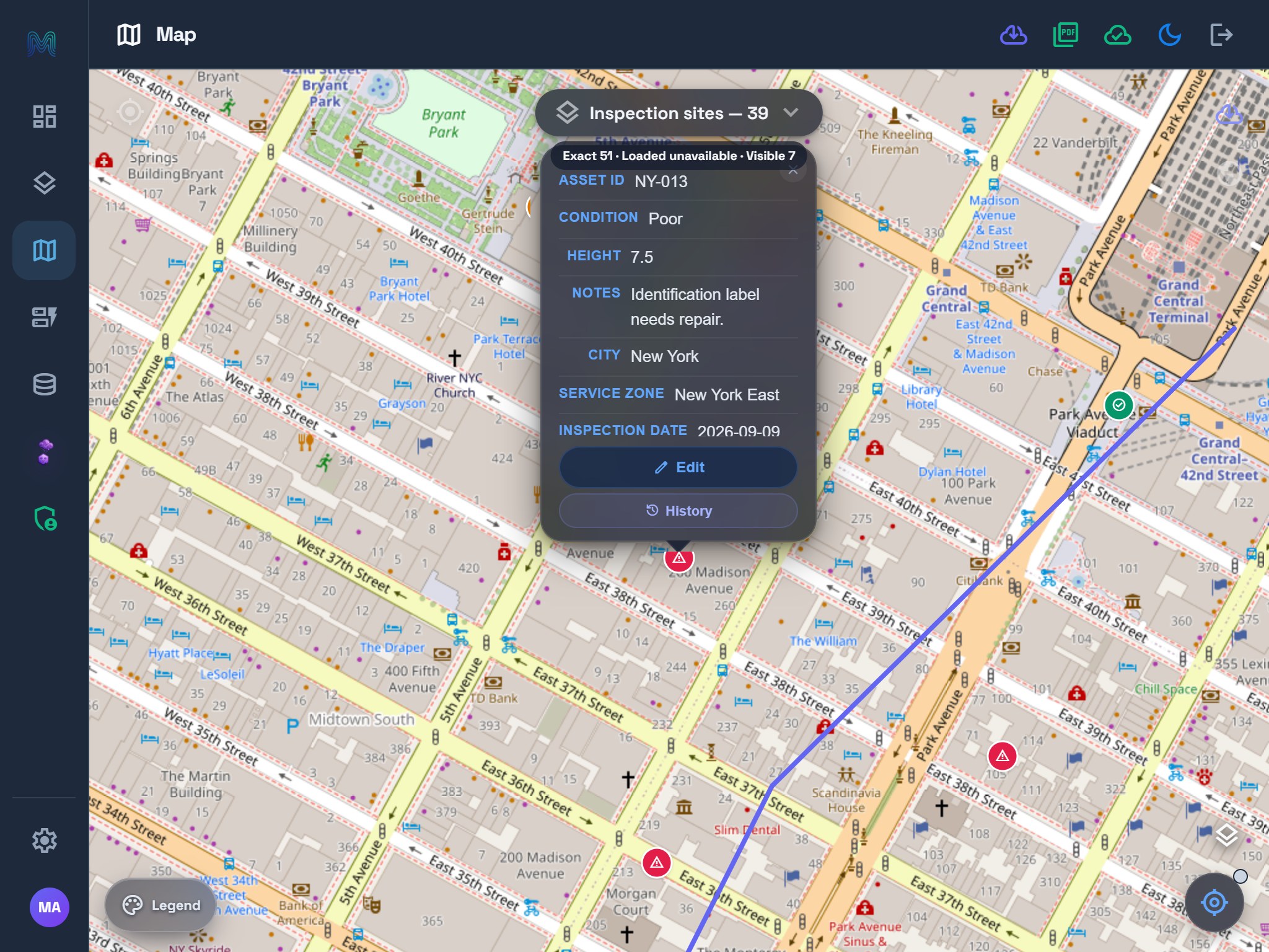 Tablet map displaying the saved NY-013 inspection and the surrounding New York sample sites and route.