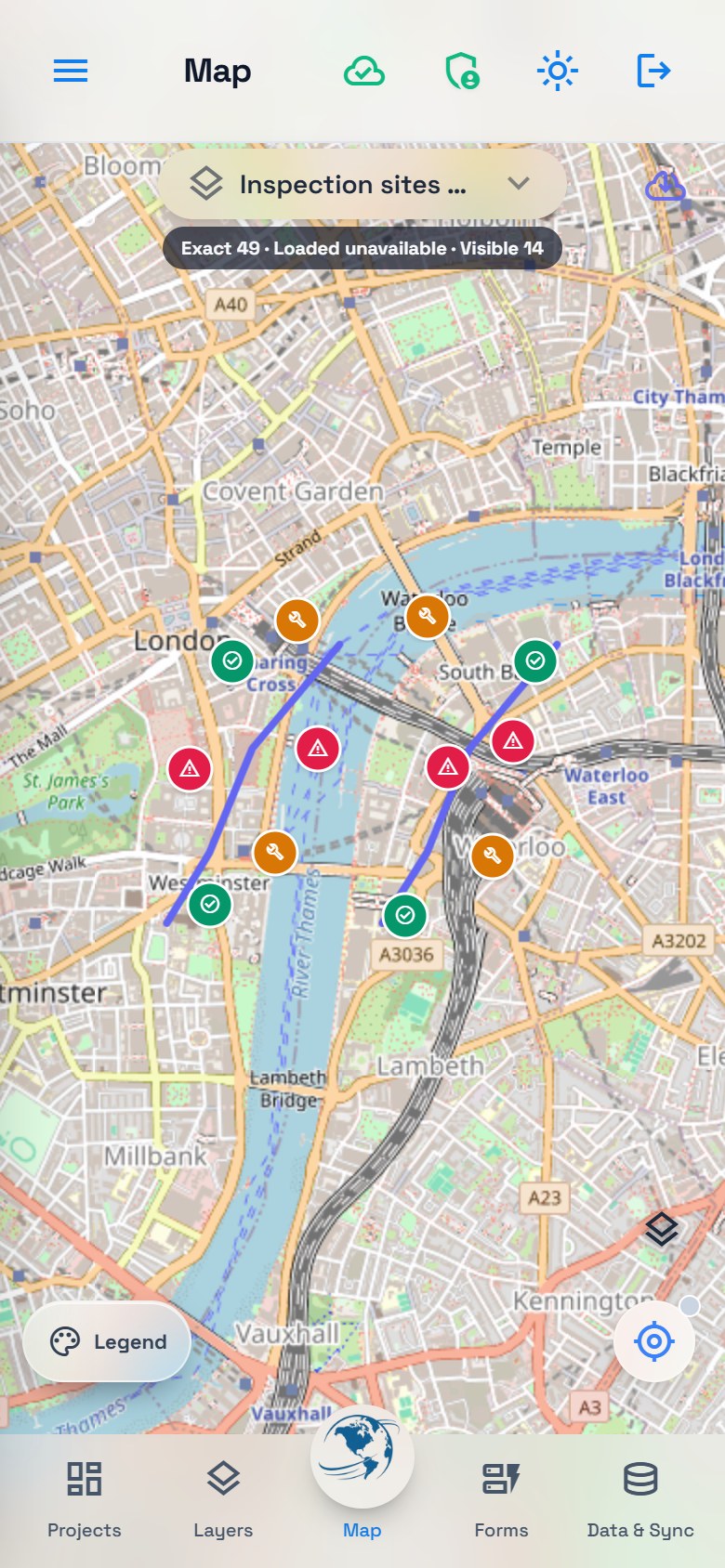 Phone map centered on London using the same inspection layers and condition styling.