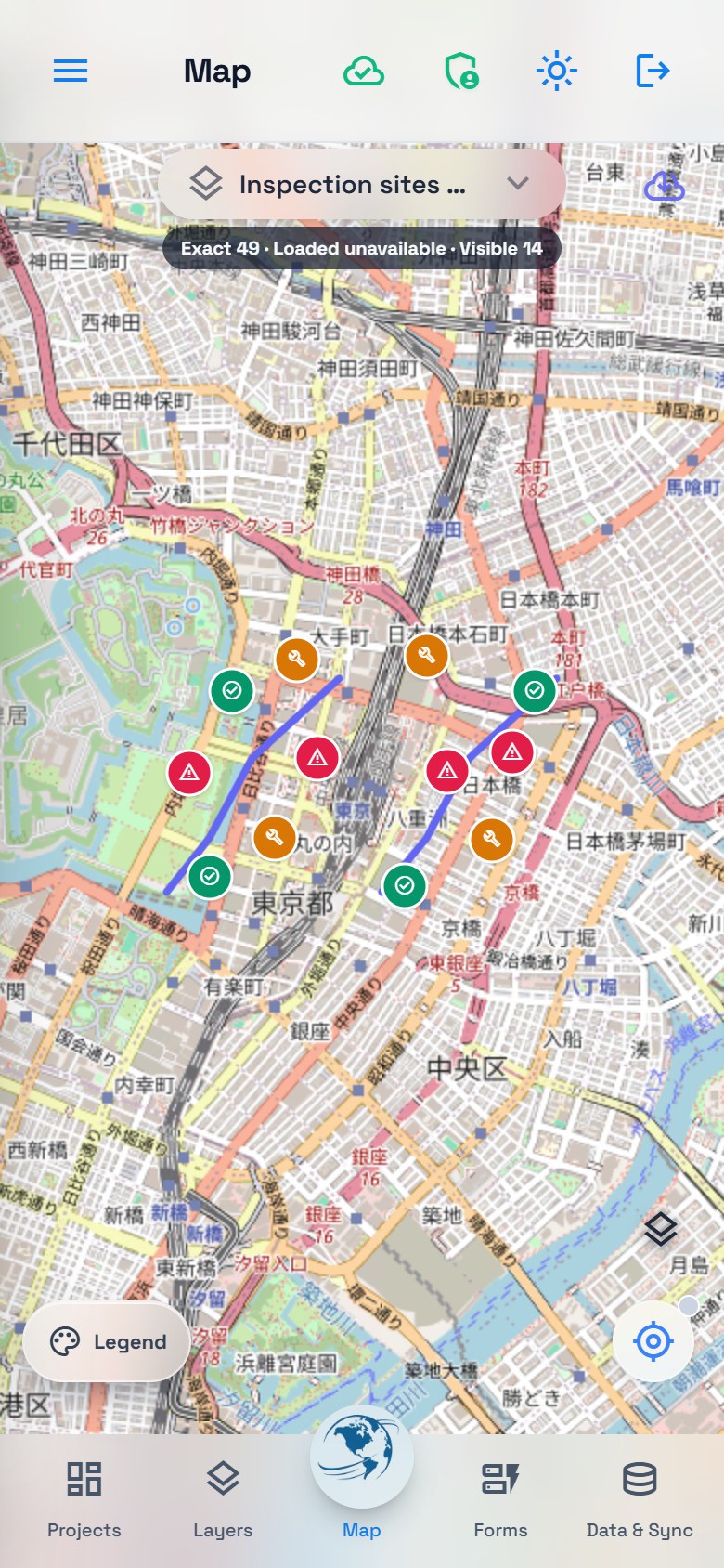 Phone map centered on Tokyo with the global project's fictional field data.
